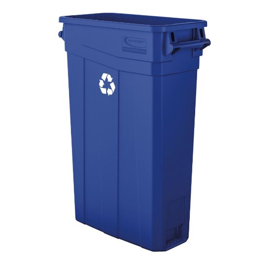 Picture of Suncast Commercial Narrow Rectangular Resin Trash Can, With Handles, 23 Gallons, 30inH x 11inW x 22inD, Blue Recycle