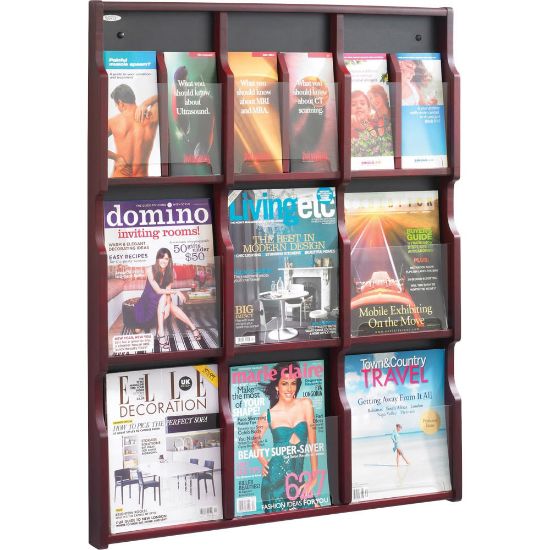 Picture of Safco 9 Magazine/18 Pamphlet Wood Literature Rack - 9 x Magazine, 18 x Pamphlet - 38.3in Height x 29.8in Width x 2.5in Depth - Floor - Mahogany, Black - Wood, Plastic - 1 Each