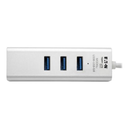 Picture of Eaton Tripp Lite Series USB 3.0 SuperSpeed to Gigabit Ethernet NIC Network Adapter w/ 3 Port USB Hub - Network adapter - USB 3.0 - Gigabit Ethernet x 1 + USB 3.0 x 3 - silver