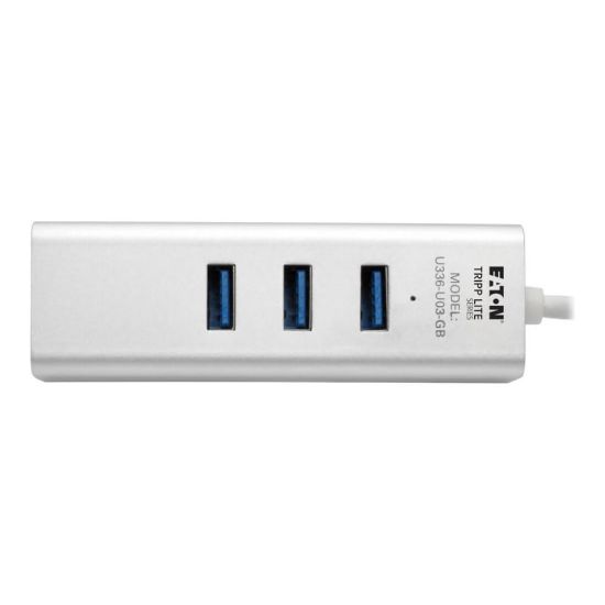 Picture of Eaton Tripp Lite Series USB 3.0 SuperSpeed to Gigabit Ethernet NIC Network Adapter w/ 3 Port USB Hub - Network adapter - USB 3.0 - Gigabit Ethernet x 1 + USB 3.0 x 3 - silver