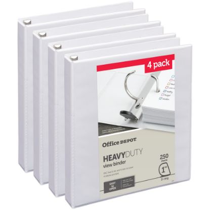 Picture of Office Depot Heavy-Duty View 3-Ring Binder, 1in D-Rings, 49% Recycled, White, Pack Of 4