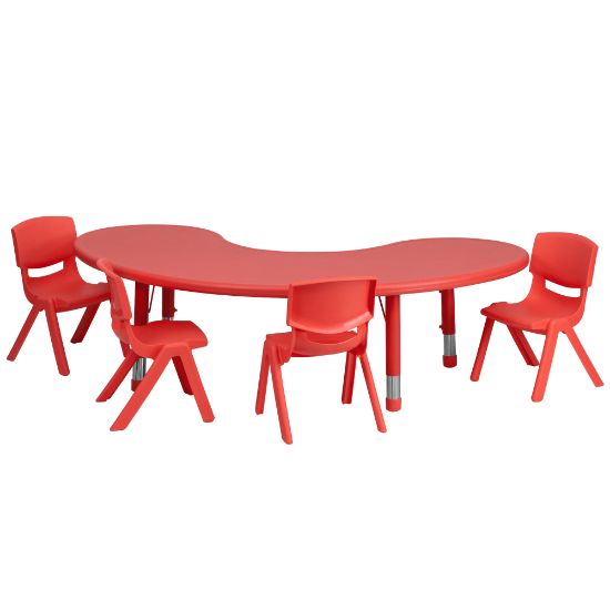 Picture of Flash Furniture Half-Moon Plastic Height-Adjustable Activity Table Set With 4 Chairs, 23-3/4inH x 35inW x 65inD, Red