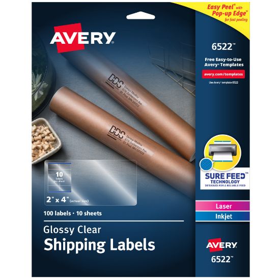 Picture of Avery Glossy Permanent Labels, 6522, Shipping, 2in x 4in, Clear, Pack Of 100