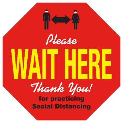 Picture of Alliance Social Distancing Floor Decals, Please Wait Here, 8-1/2in Octagon, Red, Pack Of 25 Floor Decals