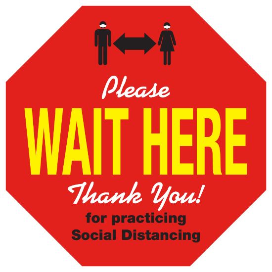 Picture of Alliance Social Distancing Floor Decals, Please Wait Here, 8-1/2in Octagon, Red, Pack Of 25 Floor Decals