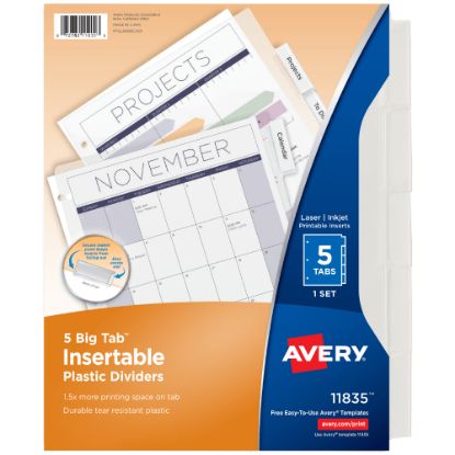 Picture of Avery Big Tab Insertable Plastic Dividers, 8-1/2in x 11in, Clear, Pack Of 5 Dividers