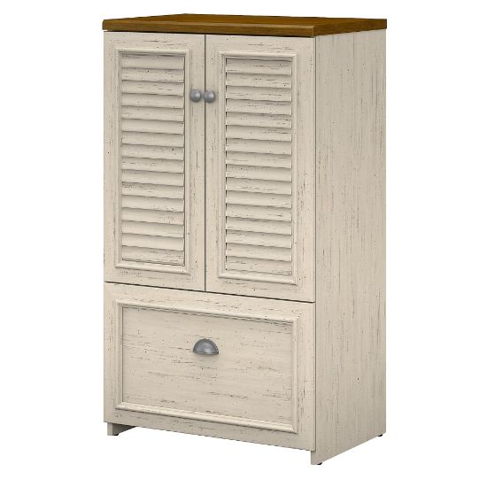 Picture of Bush Furniture Fairview Storage Cabinet With Drawer, Antique White/Tea Maple, Standard Delivery