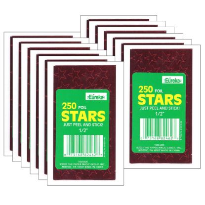 Picture of Eureka Presto-Stick Foil Star Stickers, 1/2in, Red, 250 Stickers Per Pack, Set Of 12 Packs