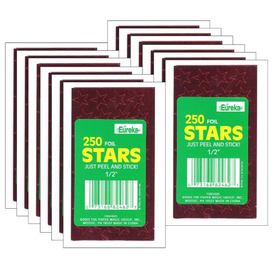 Picture of Eureka Presto-Stick Foil Star Stickers, 1/2in, Red, 250 Stickers Per Pack, Set Of 12 Packs