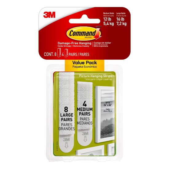 Picture of Command Medium and Large Picture Hanging Strips, 4 Pairs (8-Medium Command Strips), 8 Pairs (16-Large Command Strips), Damage Free Hanging of Dorm Decor, White