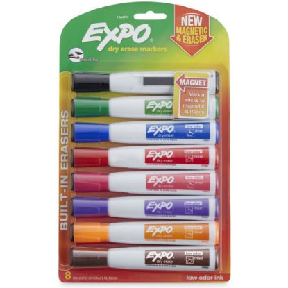 Picture of EXPO Magnetic Dry Erase Markers With Eraser, Chisel Tip, Assorted Ink Colors, Pack Of 8