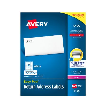 Picture of Avery Easy Peel Return Address Labels With Sure Feed Technology, 5155, Rectangle, 2/3in x 1-3/4in, White, Pack Of 6,000