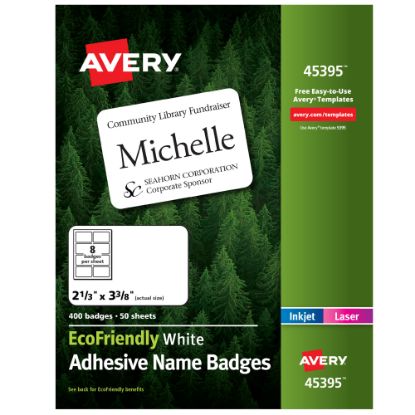 Picture of Avery EcoFriendly 100% Recycled Name Badges, 2 1/3in x 3 3/8in, White, Pack Of 400