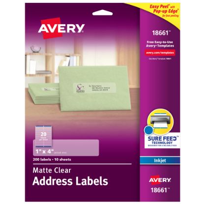 Picture of Avery Matte Address Labels With Sure Feed Technology, 18661, Rectangle, 1in x 4in, Clear, Pack Of 200 Labels