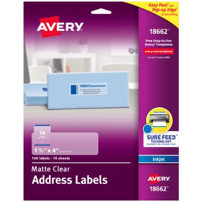 Picture of Avery Matte Address Labels With Sure Feed Technology, 18662, Rectangle, 1-1/3in x 4in, Clear, Pack Of 140