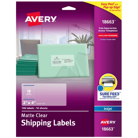 Picture of Avery Matte Shipping Labels With Sure Feed Technology, 18663, Rectangle, 2in x 4in, Clear, Pack Of 100