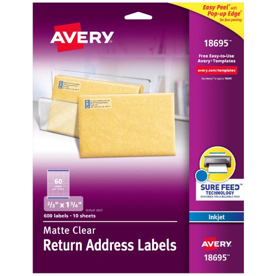 Picture of Avery Matte Return Address Labels With Sure Feed Technology, 18695, Rectangle, 2/3in x 1-3/4in, Clear, Pack Of 600