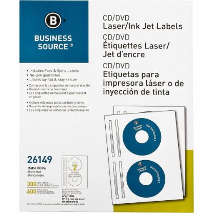 Picture of Business Source CD/DVD Labels - - Height4 5/8in Diameter - Permanent Adhesive - Circle - Inkjet, Laser - White - 300 / Pack - Lignin-free, Smudge Resistant