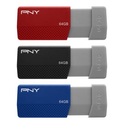 Picture of PNY USB 3.0 Flash Drives, 64GB, Assorted Colors, Pack Of 3 Drives