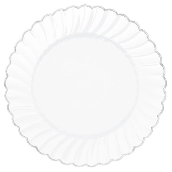 Picture of Amscan Scalloped Premium Plastic Plates With Trim, 10-1/4in, White/Silver, Pack Of 10 Plates