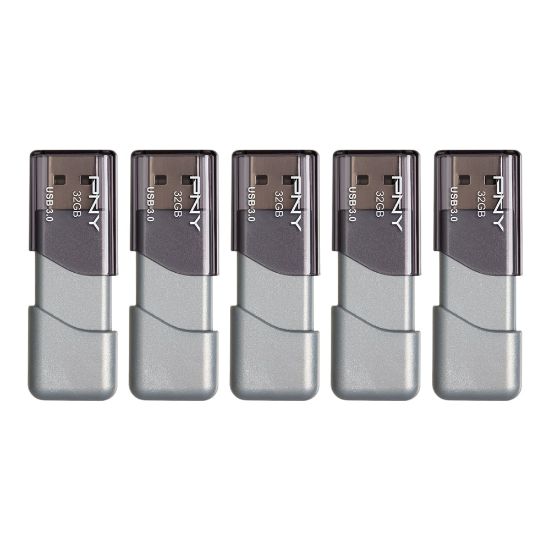 Picture of PNY Turbo Attache 3 USB 3.0 Flash Drives, 32GB, Silver, Pack Of 5 Drives