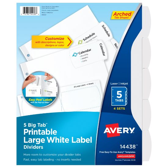 Picture of Avery Big Tab Printable Large Label Dividers With Easy Peel, 8 1/2in x 11in, 5 Tab, White, Pack Of 4