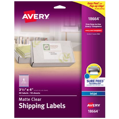 Picture of Avery Easy Peel Clear Inkjet Shipping Labels, 18664, 3 1/3in x 4in, Pack Of 60