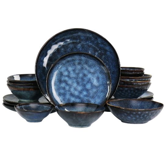 Picture of Elama Lucca 20-Piece Round Stoneware Triple-Bowl Dinnerware Set, Blue/Brown