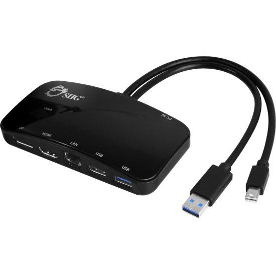 Picture of SIIG Mini-DP Video Dock with USB 3.0 LAN Hub - Black - for Notebook/Tablet PC/Desktop PC - USB 3.0 - 3 x USB Ports - 3 x USB 3.0 - Network (RJ-45) - HDMI - DisplayPort - Mini DisplayPort - Wired