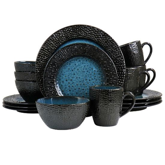 Picture of Elama Estevan 16-Piece Round Textured Stoneware Dinnerware Set, Charcoal/Blue