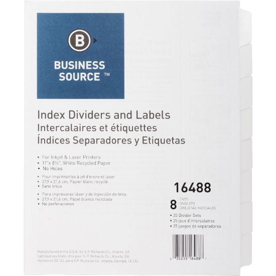 Picture of Business Source Unpunched Index Dividers Set - 8 Blank Tab(s) - 8.5in Divider Width x 11in Divider Length - Letter - White Tab(s) - 25 / Box