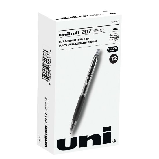 Picture of uni-ball 207 Retractable Fraud Prevention Gel Pens, Needle Point, 0.7 mm, Translucent Black Barrels, Black Ink, Pack Of 12