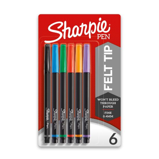 Picture of Sharpie Pens, Fine Point, 0.4 mm, Black Barrels, Assorted Ink Colors, Pack Of 6