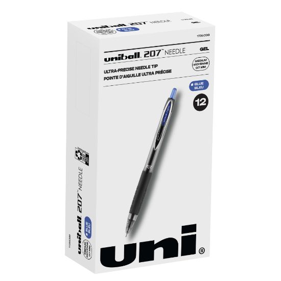 Picture of uni-ball 207 Retractable Fraud Prevention Gel Pens, Needle Point, 0.7 mm, Translucent Black Barrels, Blue Ink, Pack Of 12