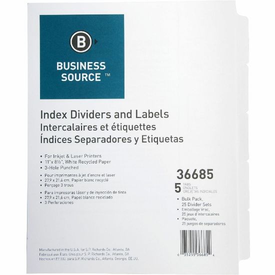 Picture of Business Source Punched Laser Index Dividers - 5 Blank Tab(s) - 8.5in Divider Width x 11in Divider Length - Letter - 3 Hole Punched - White Paper Divider - White Tab(s) - Recycled - Mylar Reinforcement, Reinforced, Punched - 25 / Box