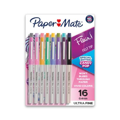 Picture of Paper Mate Flair Felt-Tip Pens, Ultra Fine Point, 0.4 mm, Gray Barrel, Assorted Ink, Pack Of 16