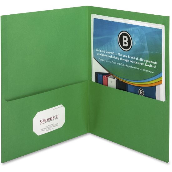 Picture of Business Source Letter Recycled Pocket Folder - 8 1/2in x 11in - 100 Sheet Capacity - 2 Inside Front & Back Pocket(s) - Paper - Green - 35% Recycled - 25 / Box