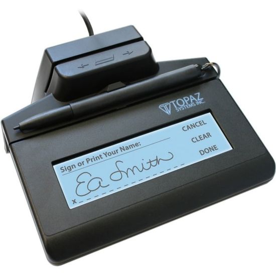 Picture of Topaz SigLite TM-LBK460-BSB-R Signature Pad - Passive Stylus - TAA Compliant - 4.40in x 1.30in Active Area - Wired - Black LCD - Backlight - Serial