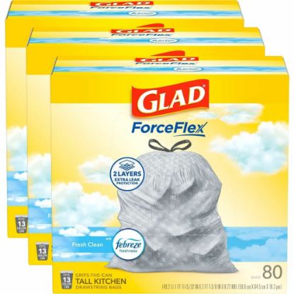 Picture of Glad ForceFlex Tall Kitchen Drawstring Trash Bags With Febreze Freshness, 13 Gallon, White, 80 Per Box, Carton Of 3 Boxes