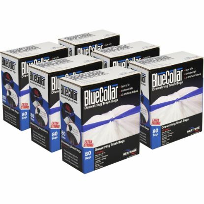 Picture of BlueCollar 13-gallon Drawstring Trash Bags - 13 gal Capacity - 24in Width x 28in Length - 0.80 mil (20 Micron) Thickness - Drawstring Closure - White - 6/Carton - 80 Per Box - Garbage