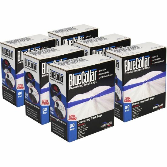 Picture of BlueCollar 13-gallon Drawstring Trash Bags - 13 gal Capacity - 24in Width x 28in Length - 0.80 mil (20 Micron) Thickness - Drawstring Closure - White - 6/Carton - 80 Per Box - Garbage