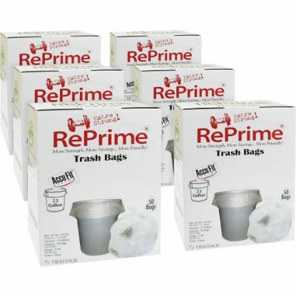 Picture of Heritage Accufit RePrime Trash Bags - 23 gal Capacity - 28in Width x 45in Length - 0.90 mil (23 Micron) Thickness - Low Density - Clear - Linear Low-Density Polyethylene (LLDPE) - 6/Carton - 50 Per Box - Waste Disposal, Garbage