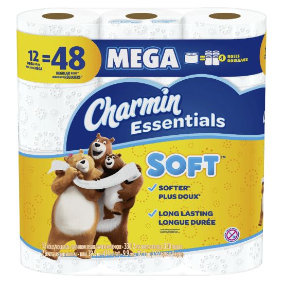 Picture of Charmin Essentials 2-Ply Soft Mega Toilet Paper Rolls, 15in x 5-1/4in, White, 330 Sheets Per Roll, Pack Of 12 Rolls