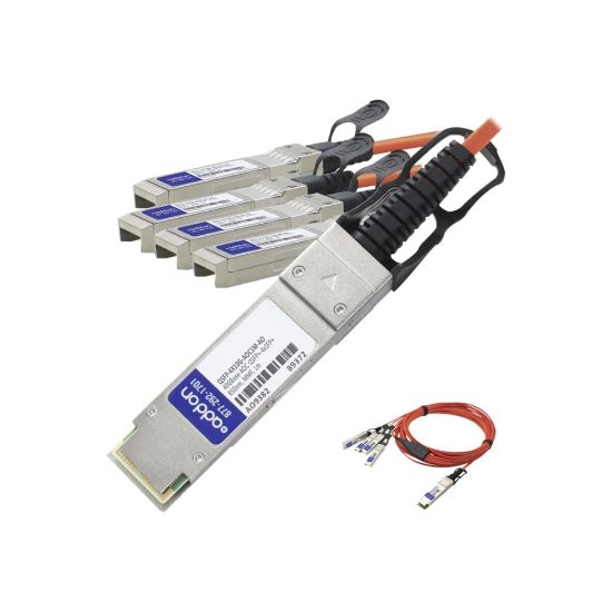 Picture of AddOn 1m Cisco Compatible QSFP+ Breakout AOC - Network cable - SFP+ (M) to QSFP+ (M) - 1 m - fiber optic - active - for Cisco Nexus 2348, 31XX, 93XX, 93XXX, X97160, X9736; ONE Nexus 32XX, 92XX, 93XXX; UCS C4200