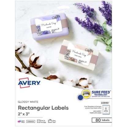 Picture of Avery Print-to-the-Edge Labels, 22890, 2in x 3in, Glossy White, 8 Labels Per Sheet, Pack Of 10 Sheets