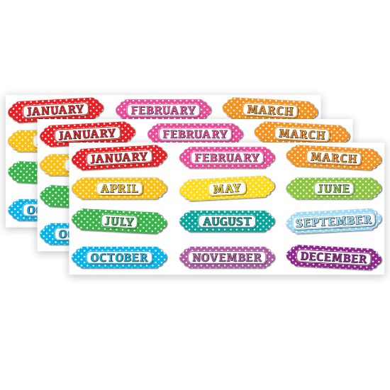 Picture of Ashley Productions Magnetic Die-Cut Timesavers & Labels, Months Of The Year, White Polka Dots/Assorted Colors, 12 Pieces Per Pack, Set Of 3 Packs