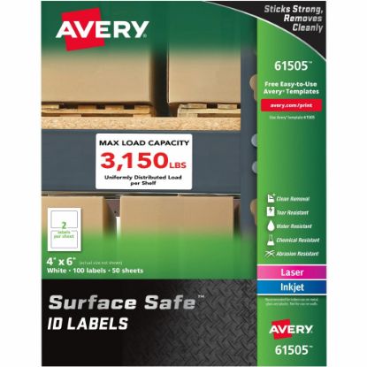 Picture of Avery Surface Safe ID Labels - Removable Adhesive - 4in Width x 6in Length - Rectangle - Laser, Inkjet - White - Polyester - 2 / Sheet - 50 Total Sheets - 100 / Pack