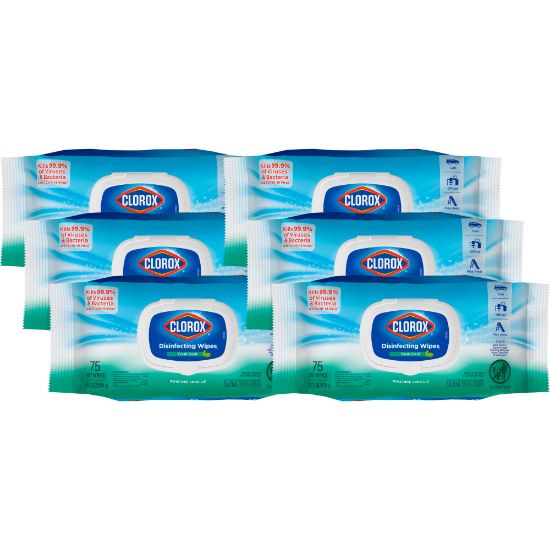 Picture of Clorox Disinfecting Cleaning Wipes Value Pack - Bleach-free - Wipe - Fresh Scent - 75 / Packet - 6 / Carton - White