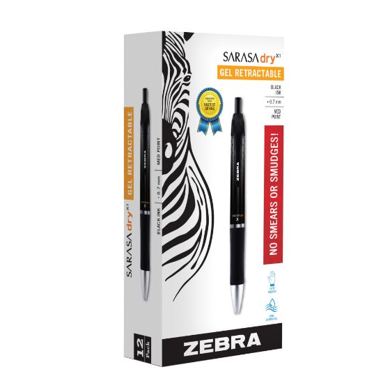 Picture of Zebra Pen SARASA Dry X1 Retractable Gel Pens, Pack Of 12, Medium Point, 0.7 mm, Black Barrel, Black Ink