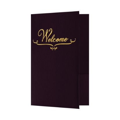 Picture of LUX Welcome Folders, 5 3/4in x 8 3/4in, Dark Purple Linen/Gold Foil, Pack Of 25 Folders